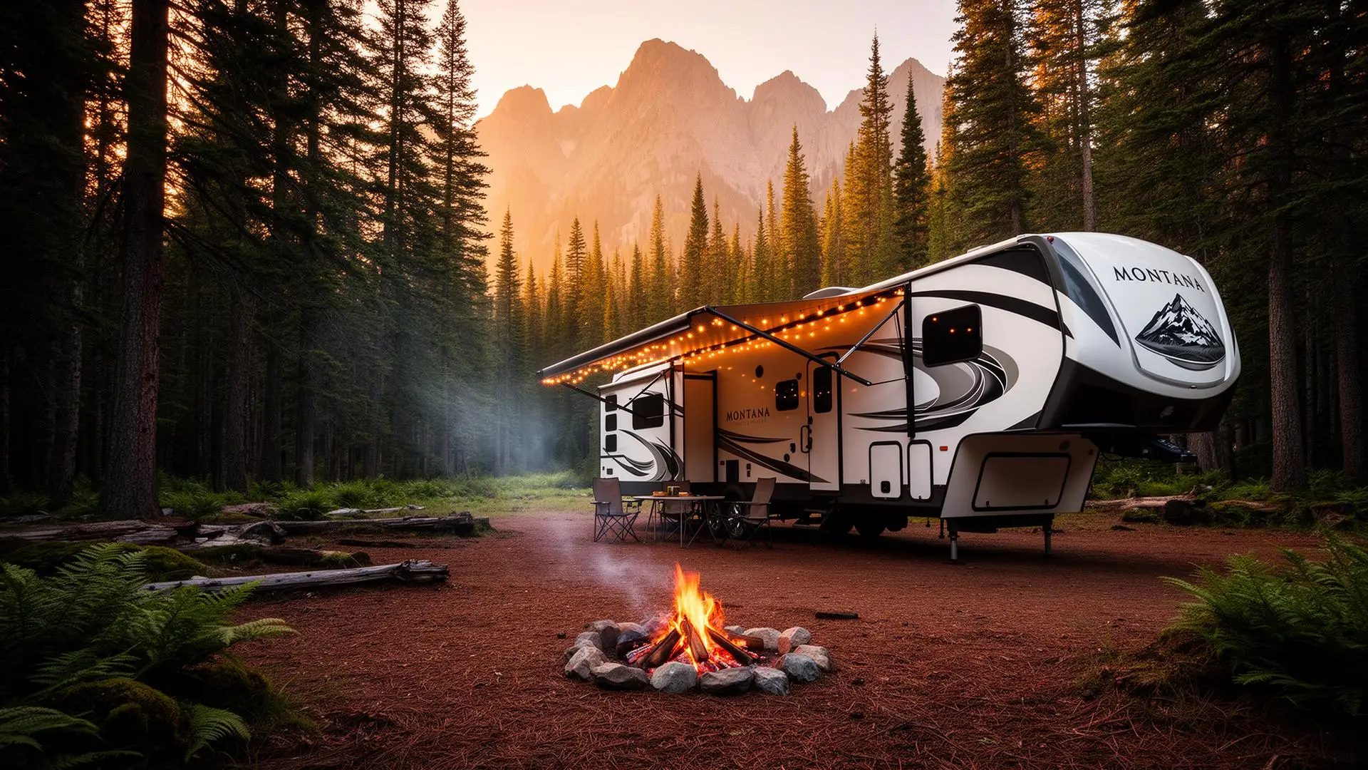 Keystone Montana fifth wheel at a cozy mountain campsite with awning out and a campfire glowing